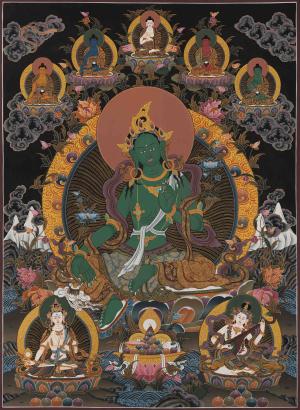 Original Green Tara Thangka surrounded by Buddhas and Bodhisattvas
